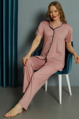 Mini Puantiyeli Kısa Kol Pijama Takımı Pudra - IŞILAY