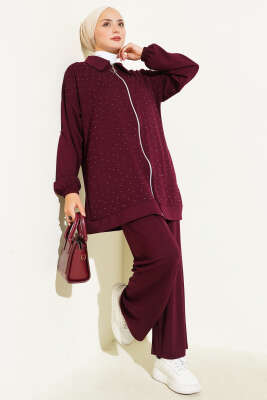 Mini Serpme Taşlı İkili Takım Bordo 