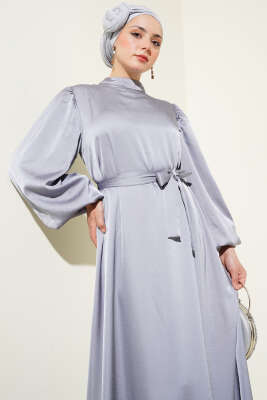 Mini Taşlı Balon Kol Saten Elbise Gri - Elbise