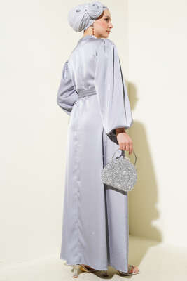 Mini Taşlı Balon Kol Saten Elbise Gri - Elbise