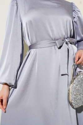 Mini Taşlı Balon Kol Saten Elbise Gri - Elbise