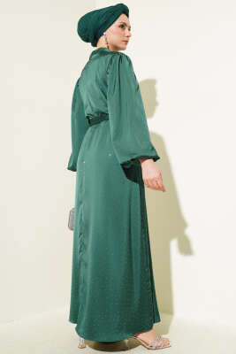 Mini Taşlı Balon Kol Saten Elbise Zümrüt - Elbise