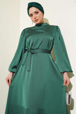 Mini Taşlı Balon Kol Saten Elbise Zümrüt - Elbise