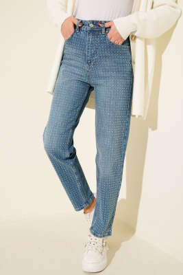 Mini Taşlı Kot Pantolon Açık Mavi - HEPYEK