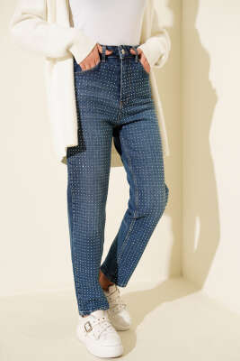 Mini Taşlı Kot Pantolon Mavi - HEPYEK