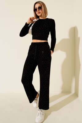 Mini Taşlı Loyşa Crop İkili Takım Siyah