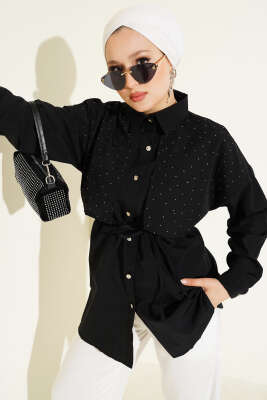 Mini Taşlı Pelerinli Tunik Siyah