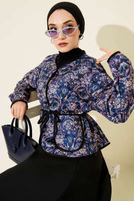 Motifli Düğmeli Kısa Ceket Lacivert - TABLO FASHİON