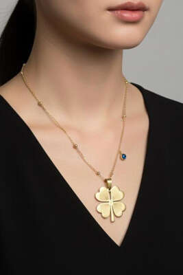 Nazar Boncuk Detaylı Yonca Kolye Gold