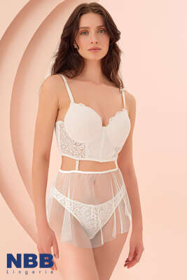 NBB Dantelli Tüllü Destekli Sütyen Takım Ekru - NBB