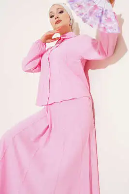 Önü Dikiş Detaylı Etekli İkili Takım Pembe 