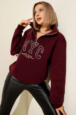 Nyc Basklı Şardonlu Sweatshirt Bordo 