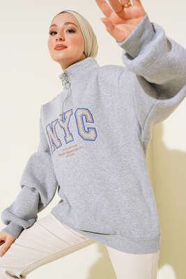 Nyc Basklı Şardonlu Sweatshirt Füme 