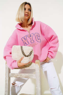 Nyc Basklı Şardonlu Sweatshirt Pembe - Kadın Giyim Modelleri