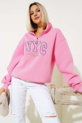 Nyc Basklı Şardonlu Sweatshirt Pembe - Kadın Giyim Modelleri