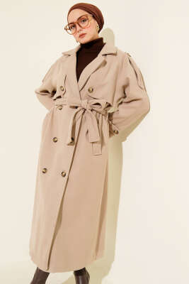 Omuz Apoletli Düğme Detaylı Kaşe Kaban Bej