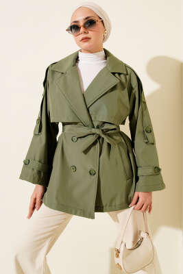Omuz Apoletli Kuşaklı Trençkot Haki - DUFON