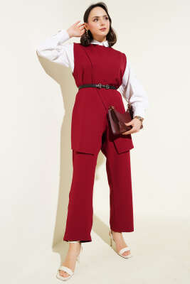 Omuz Düğmeli Kemerli Yelek İkili Takım Bordo 