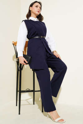 Omuz Düğmeli Kemerli Yelek İkili Takım Lacivert - İkili Takım