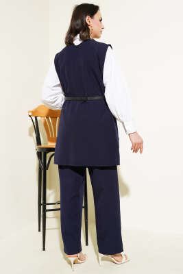 Omuz Düğmeli Kemerli Yelek İkili Takım Lacivert - İkili Takım