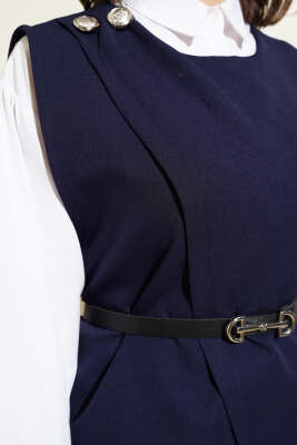 Omuz Düğmeli Kemerli Yelek İkili Takım Lacivert - İkili Takım