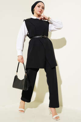Omuz Düğmeli Kemerli Yelek İkili Takım Siyah 