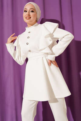 Omuz Fırfırlı Kuşaklı Scuba İkili Takım Beyaz