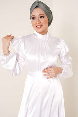 Omuz Fırfırlı Saten Elbise Beyaz - Tesettür Elbise