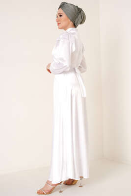 Omuz Fırfırlı Saten Elbise Beyaz - Tesettür Elbise