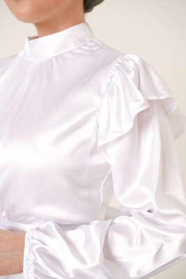 Omuz Fırfırlı Saten Elbise Beyaz - Tesettür Elbise