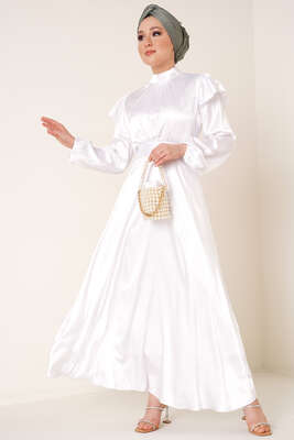 Omuz Fırfırlı Saten Elbise Beyaz 