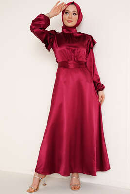 Omuz Fırfırlı Saten Elbise Bordo 