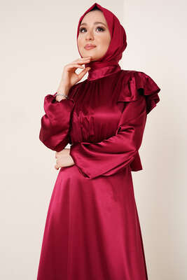 Omuz Fırfırlı Saten Elbise Bordo - Tesettür Elbise