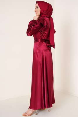 Omuz Fırfırlı Saten Elbise Bordo - Tesettür Elbise