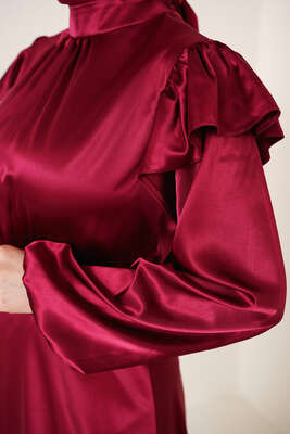 Omuz Fırfırlı Saten Elbise Bordo - Tesettür Elbise