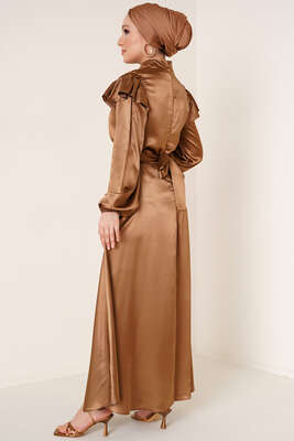 Omuz Fırfırlı Saten Elbise Camel - Tesettür Elbise