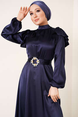 Omuz Fırfırlı Saten Elbise Lacivert - Tesettür Elbise