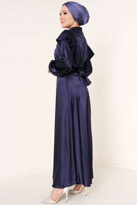 Omuz Fırfırlı Saten Elbise Lacivert - Tesettür Elbise