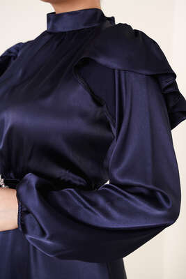 Omuz Fırfırlı Saten Elbise Lacivert - Tesettür Elbise