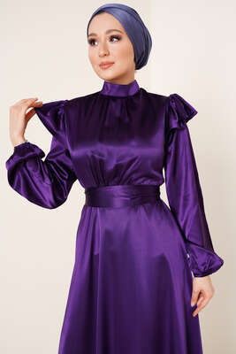 Omuz Fırfırlı Saten Elbise Mor - Tesettür Elbise