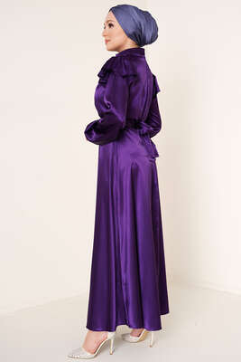 Omuz Fırfırlı Saten Elbise Mor - Tesettür Elbise
