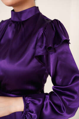 Omuz Fırfırlı Saten Elbise Mor - Tesettür Elbise