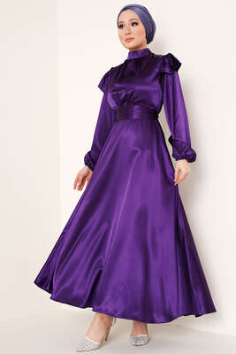 Omuz Fırfırlı Saten Elbise Mor 
