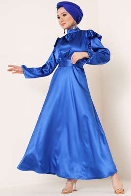 Omuz Fırfırlı Saten Elbise Saks 