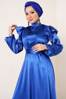 Omuz Fırfırlı Saten Elbise Saks - Tesettür Elbise