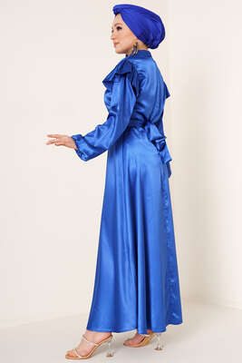 Omuz Fırfırlı Saten Elbise Saks - Tesettür Elbise