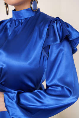 Omuz Fırfırlı Saten Elbise Saks - Tesettür Elbise