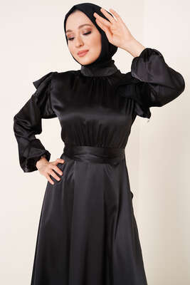 Omuz Fırfırlı Saten Elbise Siyah - Tesettür Elbise