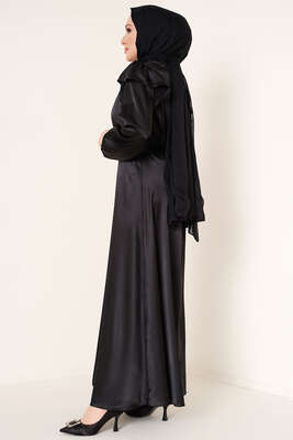 Omuz Fırfırlı Saten Elbise Siyah - Tesettür Elbise