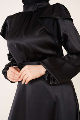 Omuz Fırfırlı Saten Elbise Siyah - Tesettür Elbise